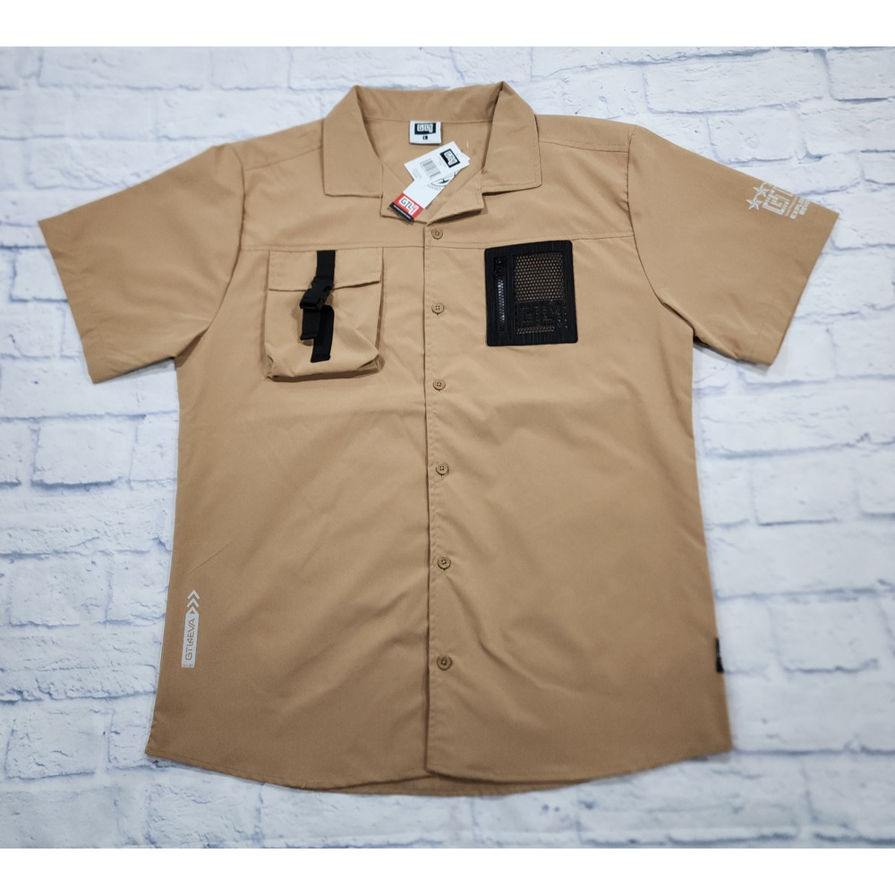 GTL4 MENS SIZE L Tan Button Front Short Sleeve Mesh Zip Pocket Military